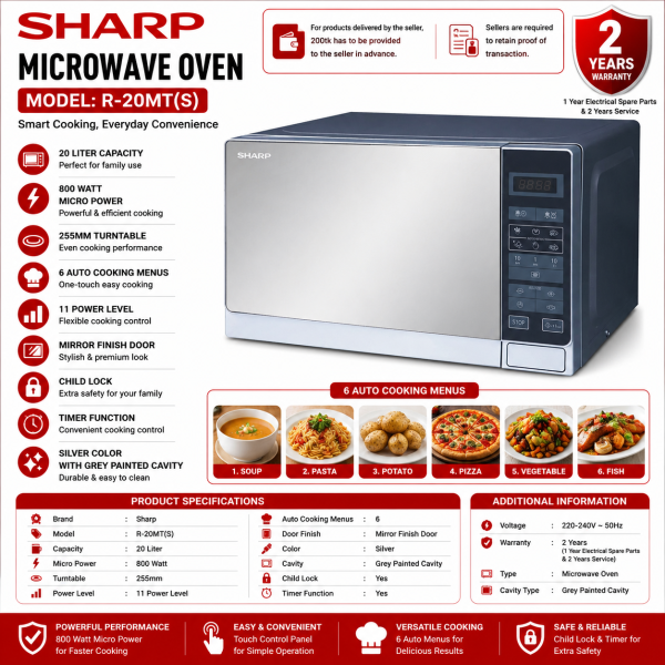 Sharp R-20MT-S Basic Solo Microwave Oven - 20 Liter