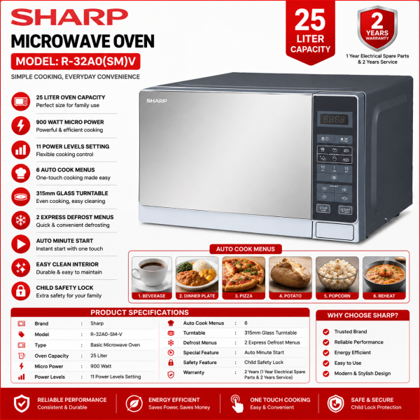 Sharp R-32A0-SM-V Basic Microwave Oven - 25 Liter