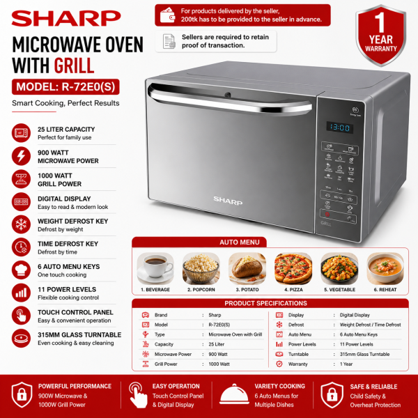 Sharp R-72E0-S Grill Microwave Oven | 25 Liter